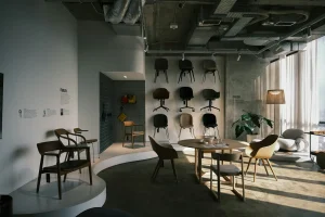 Furniture showroom with chairs and tables for hotel and project furniture procurement