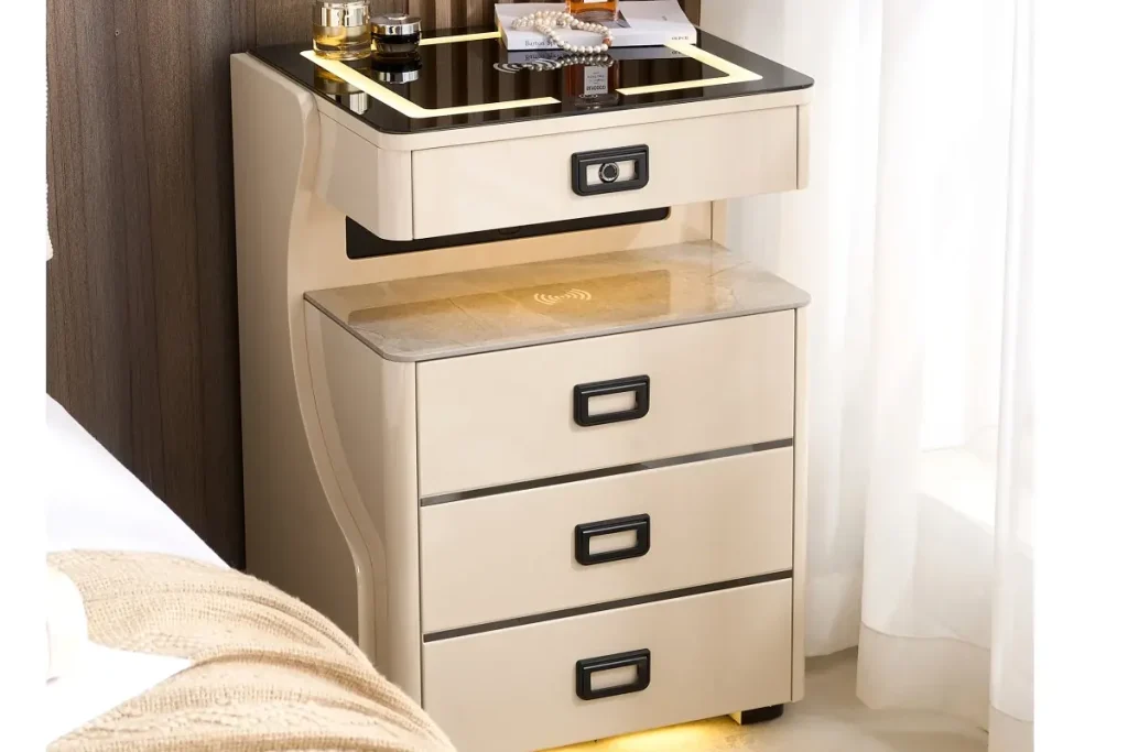 Tall multifunction nightstand with fingerprint lock, drawers, bedside storage, and integrated lighting