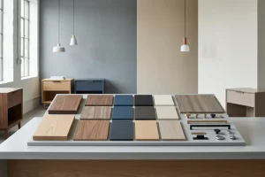 Furniture material finish and hardware samples arranged for product specification review