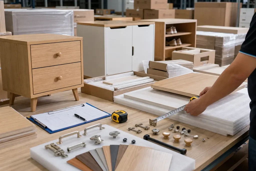 Furniture order inspection checklist with packed cabinets and sample materials before balance payment