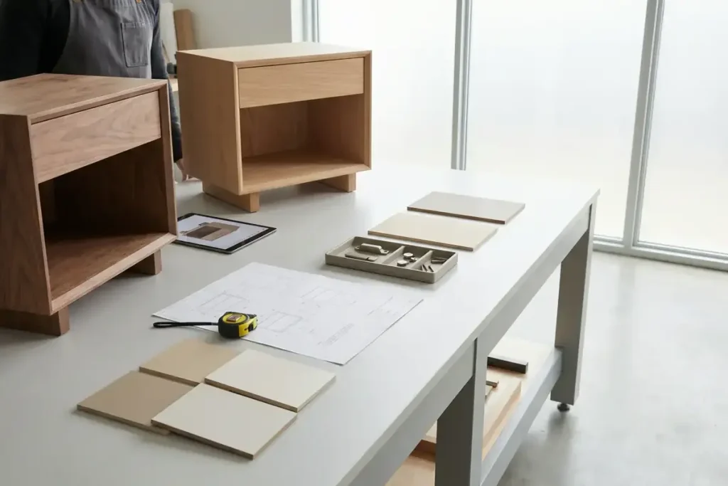 Furniture sample review table with cabinet parts, material boards, and measuring tools