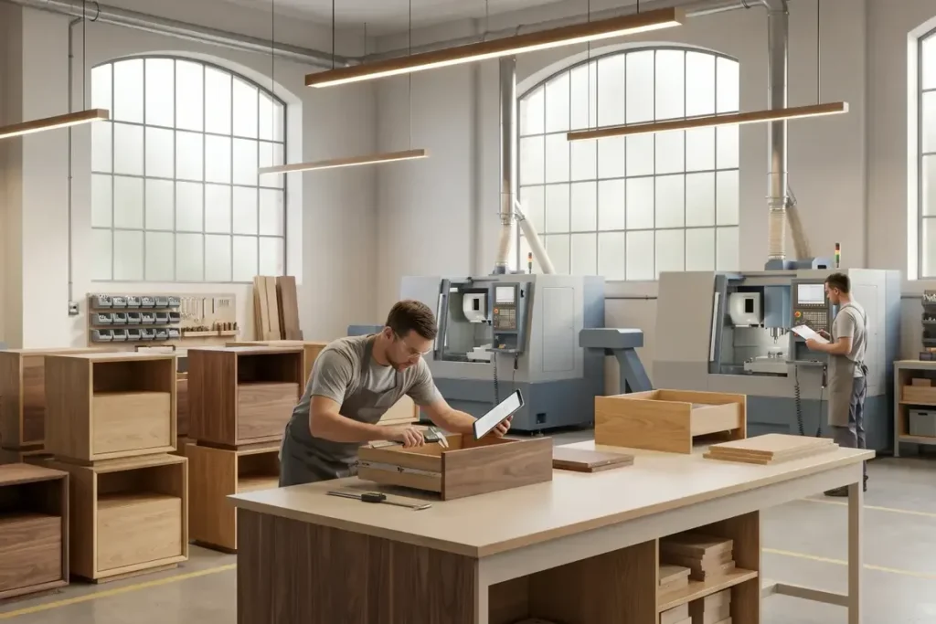 Furniture sample workshop table with cabinet parts and materials for buyer review
