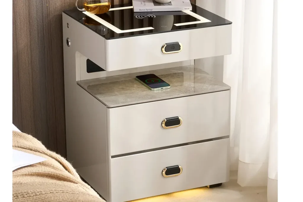 Smart nightstand with an open shelf, drawer space, bedside lighting, and lockable private storage area