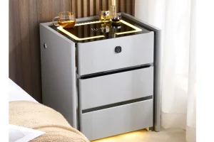 Smart nightstand with wireless charging surface and bedside lighting in a modern bedroom