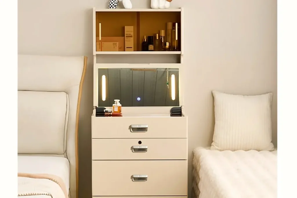 Smart nightstand with lit mirror and bedside storage used for evening bedroom routines
