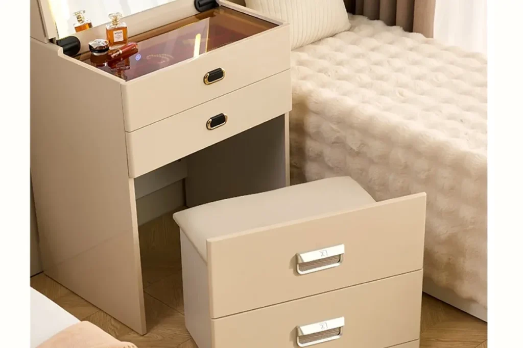 Smart nightstand drawer and surface detail showing storage and functional bedroom use