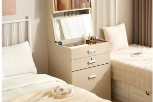 Smart nightstand placed between beds in a home bedroom with integrated mirror lighting and storage
