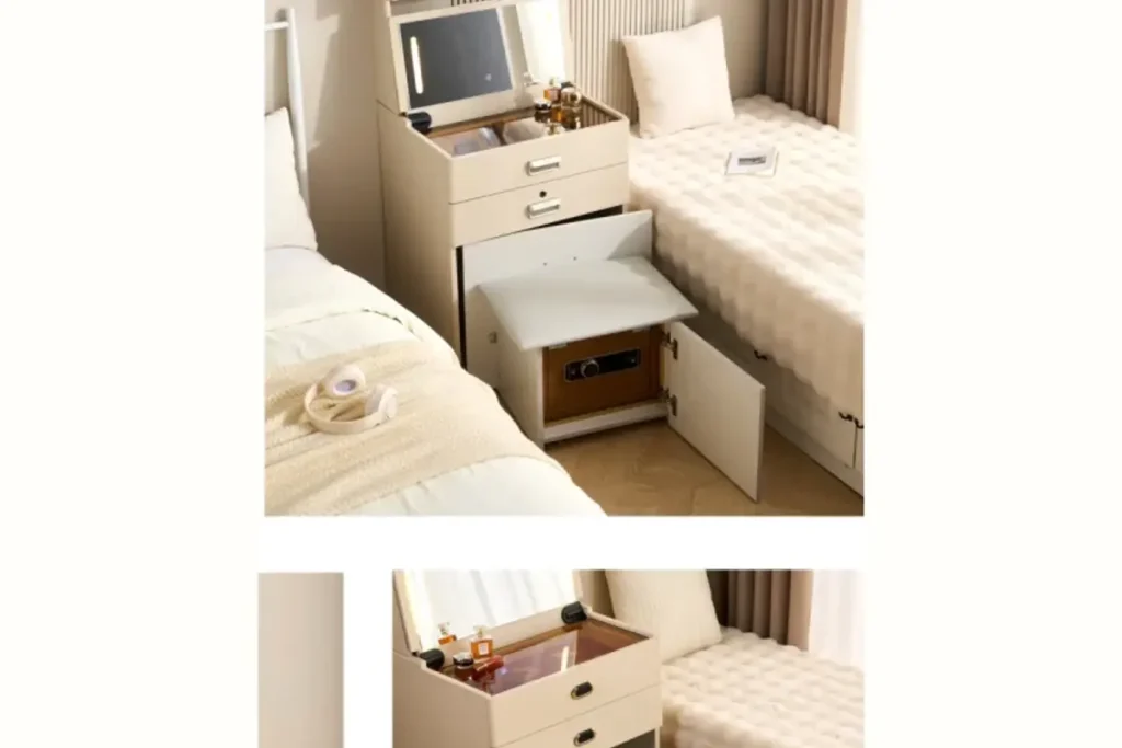 Smart nightstand with open storage and charging area for home bedroom organization
