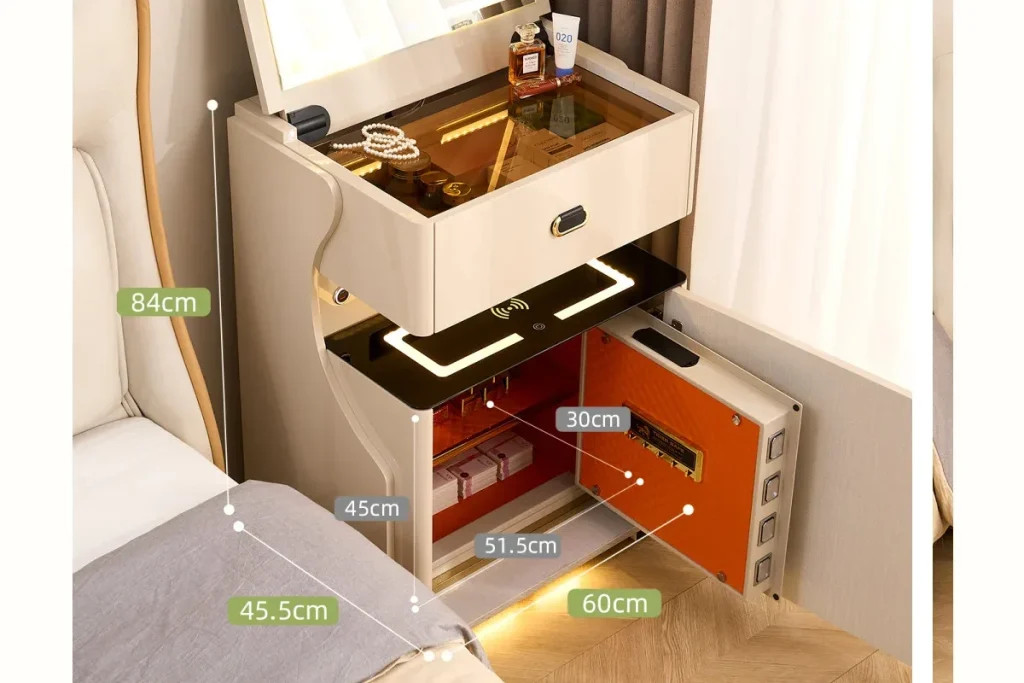 Smart nightstand open storage view showing drawers, bedside use, and integrated functions