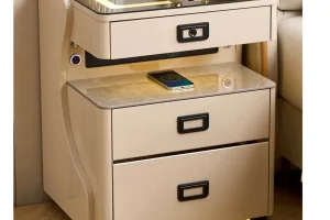 Multifunction nightstand with wireless charging, drawers, lighting, and private bedroom storage beside a bed