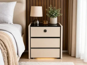 A two-drawer bedside table placed beside a bed for reviewing height, width, and bedroom proportion