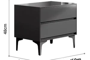 Black modern nightstand with slim metal legs and drawer dimensions prepared for buyer setup and specification review