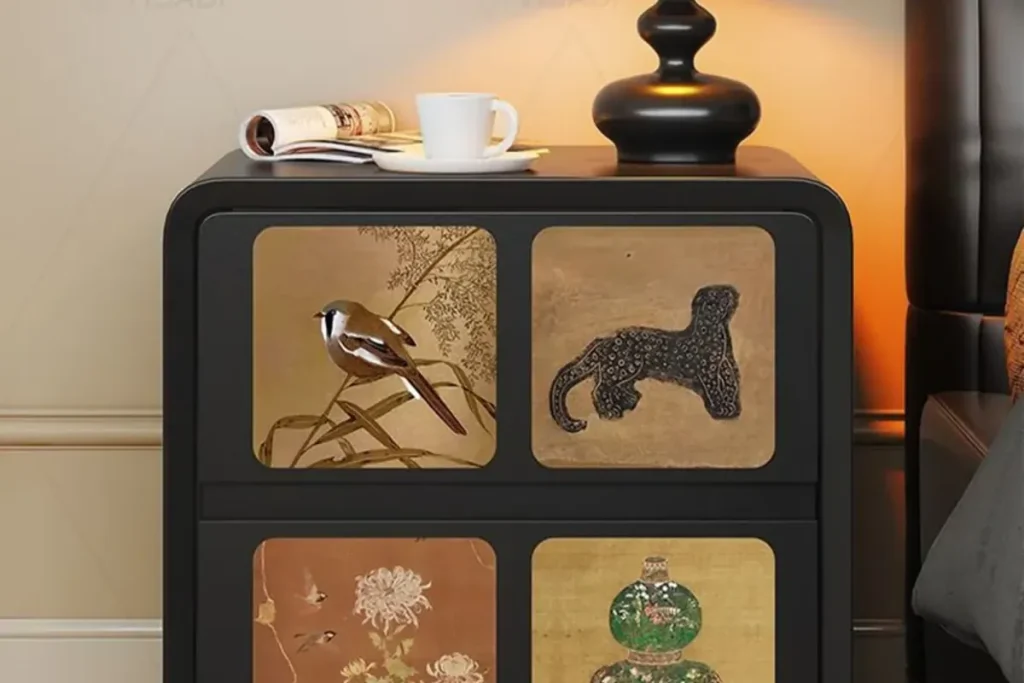 Decorative nightstand with distinctive front panels used as a differentiated SKU example for furniture buyers