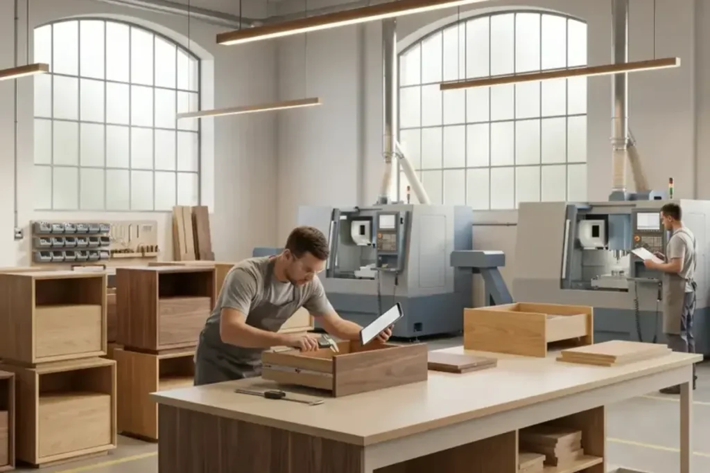Furniture factory sample desk used for pre shipment review of bedroom furniture production details