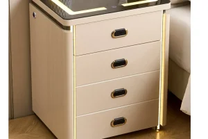 Smart nightstand beside a bed with vertical LED side lights, warm floor lighting, drawers, and bedside storage