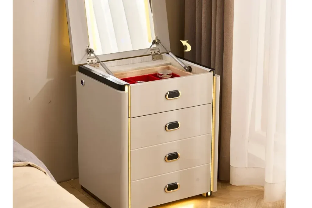 Smart nightstand with flip-top lighted mirror, warm lighting, drawers, and bedside storage