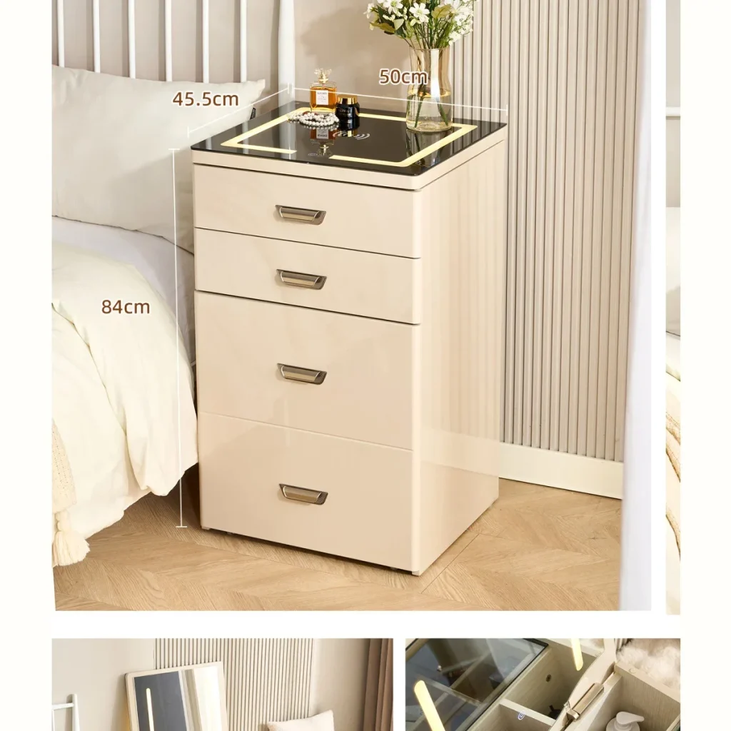 Bedroom nightstand shown with width, cabinet height, and bed-height measurements for a buyer dimension review