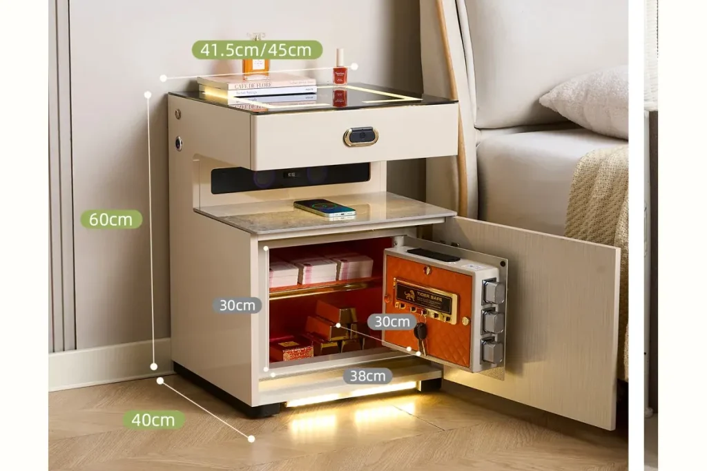 Open smart nightstand showing drawer space, bedside storage, lighting, and areas where internal wiring must be protected