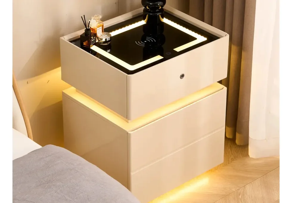 Floating smart nightstand with warm sensor night light under the cabinet beside a bed