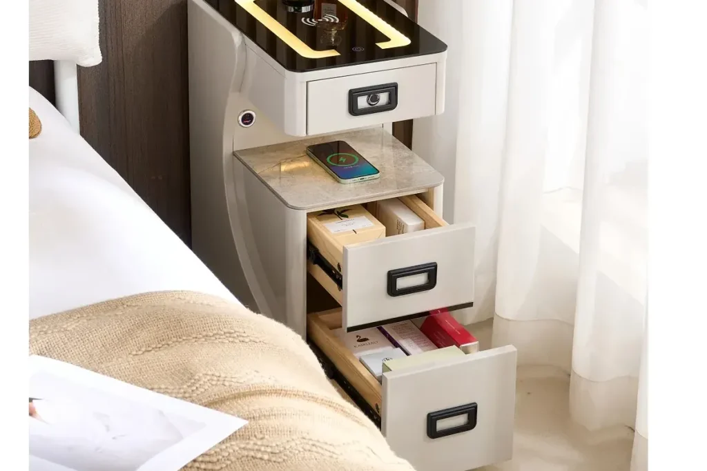 Slim smart nightstand with LED lighting and wireless charging surface for compact bedroom use