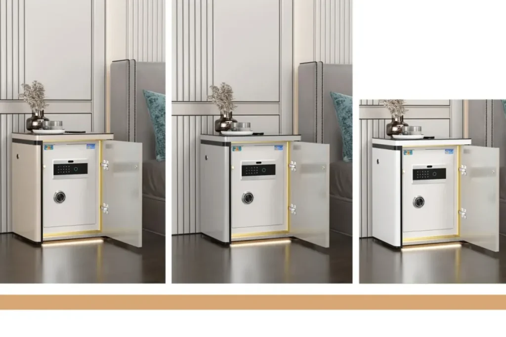 Smart nightstand control module and storage layout showing how connected functions are built into the cabinet