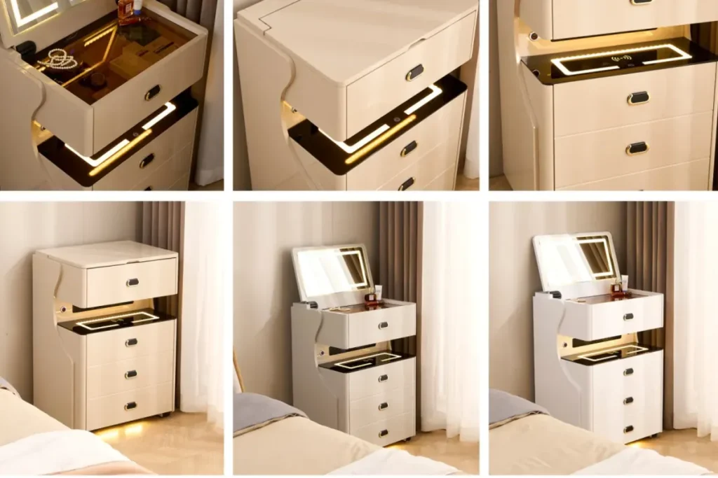 Smart nightstand product detail views showing top control panel, drawer layout, lighting, and bedside function options