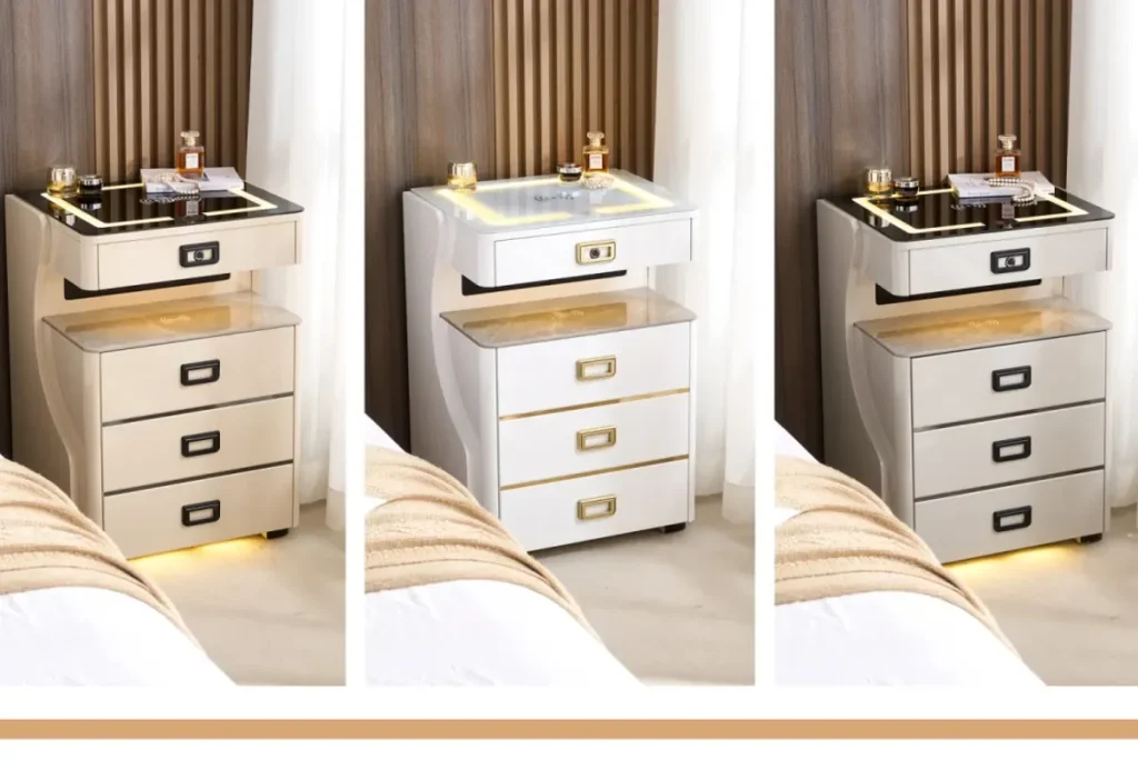 Smart nightstand color and surface variants with functional top area, drawers, lighting, and bedside finish details