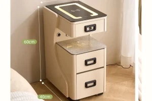 Smart nightstand with visible top power area, drawers, lighting, and functional bedside layout