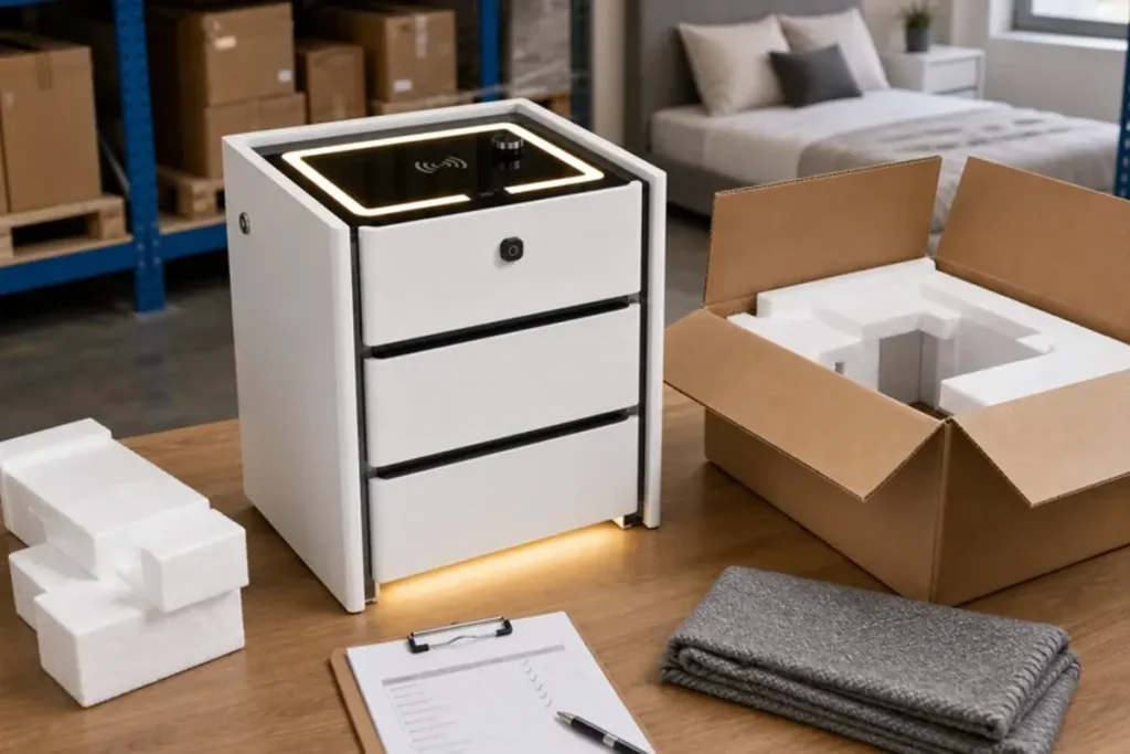 Smart nightstand with cartons, foam protection, manuals, and accessories prepared for return inspection and repacking