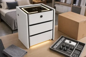 Smart nightstand beside a bed with a service kit, replaceable parts, packaging box, and bedside repair planning