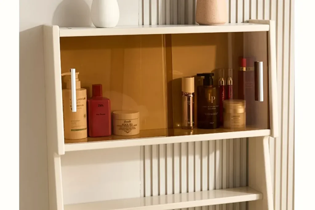 Open smart nightstand storage layout with shelves, bedside items, and functional cabinet space