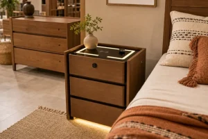 Smart nightstand beside a bed with wood tone finish, illuminated base, glass top detail, and bedside surface area for buyer review