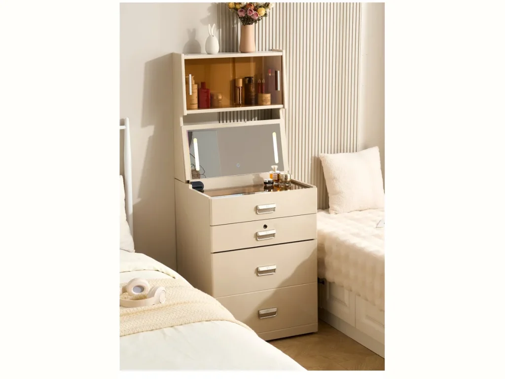 Tall bedside storage cabinet positioned between beds to show how height and circulation affect a bedroom layout