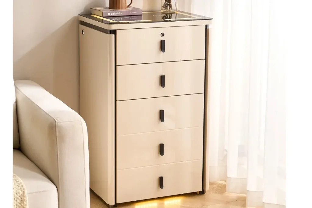 Tall bedside cabinet with multiple drawers and lockable storage for private bedroom items