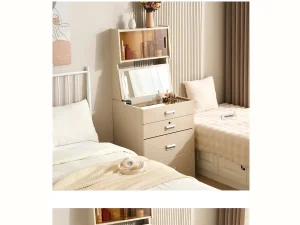 Bedroom furniture arrangement with a bed and tall bedside storage cabinet used to review a coordinated range