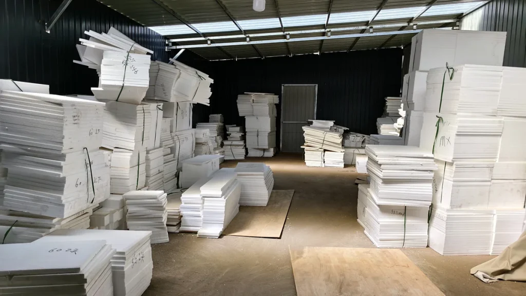 Furniture components and panel materials held in a factory staging area before assembly