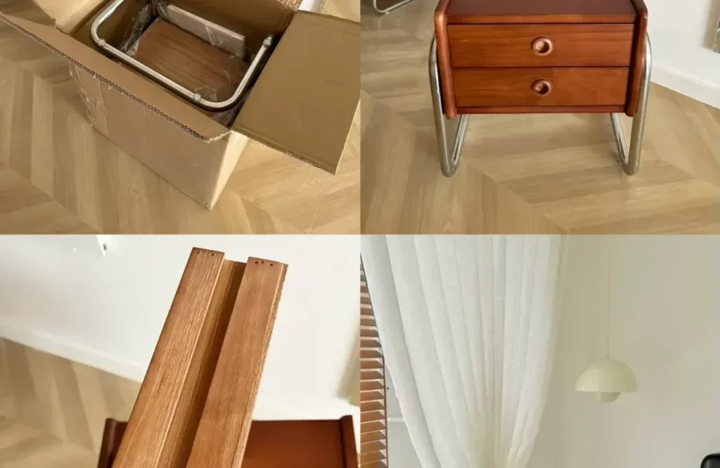 Bedside furniture components and finished cabinet details used for material and finish approval review