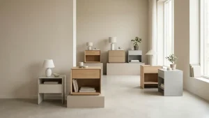 A retail-style display of varied bedside tables used to review product range presentation and online listing photography