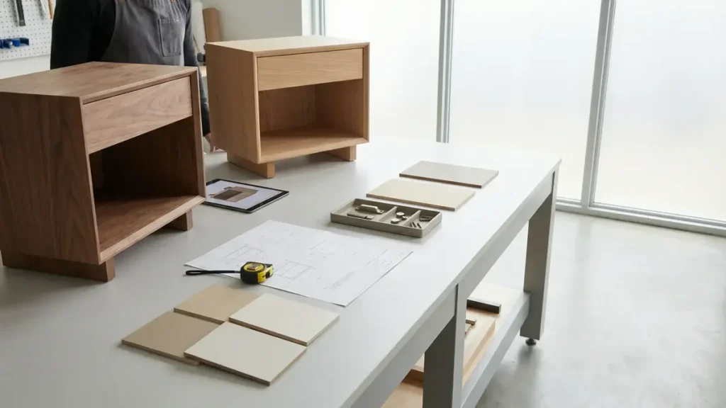 Bedroom furniture samples, colour panels, drawings, and measuring tools prepared for product version and photography review