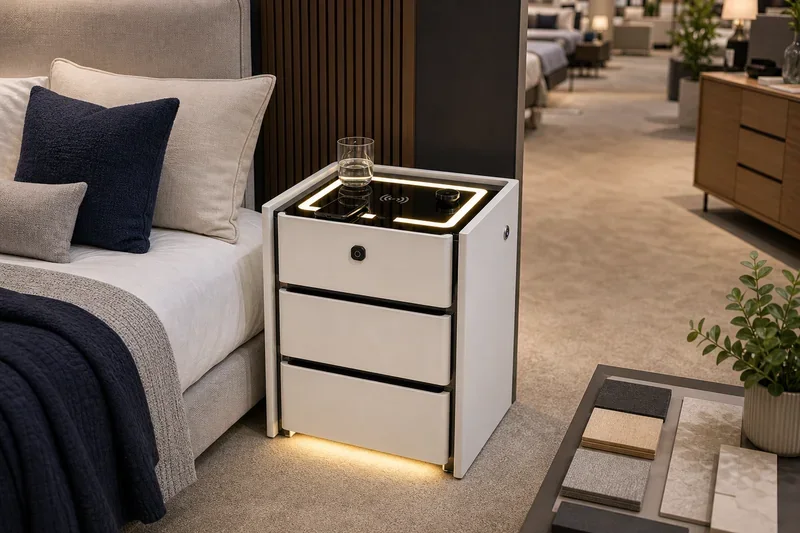 Smart nightstand shown beside a bed in a showroom setting to demonstrate room-scale product photography